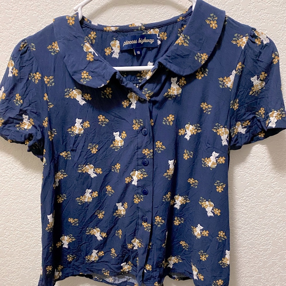 Cat Print Button Shirt